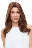 Beautiful woman with fine hair is wearing her long brunette Easipart XL French 18 inch hair topper from Fascinations 