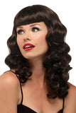 Young woman wearing a long wavy dark brown Pin Up Costume Wig from Fascinations 