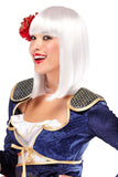 Woman wearing her white China doll wig from the Illusions costume collection by Jon Renau 