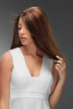 Model with hair loss showing her 18 inch human hair Easipart topper in a brunette shade 