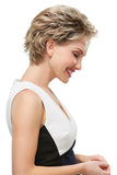 Woman with hair fall showing her short layered blonde Robin Petite wig from Fascinations Cape Town 