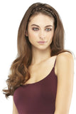 Woman with long brown hair wearing  a thick single braided hairpiece called Serenity Headband