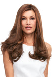 Female with hair loss showing the Top Full 18 Inch Human Hair Topper in a brunette shade 