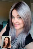 Young woman showing herself before and after wearing the long silver Zara wig by Jon Renau