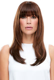 Woman wearing the Easifringe human hair topper to add bangs to her hairstyle