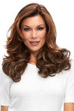 Lady with balding adding fullness by wearing her Easipart French 18 inch topper  in a brunette shade