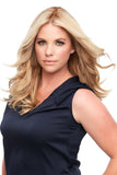 Woman with long fine blonde hair is wearing her Easipart French human hair topper in 12 inches