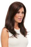 Mature woman with fine hair is wearing a brunette lace front Alessandra wig 