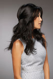 Female with thinning hair showing her black long Blake human hair wig with a lace front
