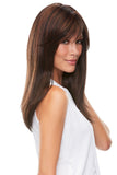 Woman with hair loss showing her dark brown long layered Camilla hand-tied mono top wig