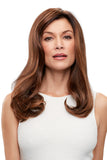 Woman with hair loss wearing a long Top Form French 18 Inch Hair Topper in a brunette shade
