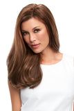 Woman with Alopecia wearing a Top Full 18 Inch Human Hair Topper with a double monofilament base