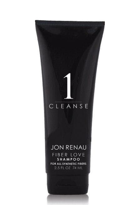 Black travel size tube of Jon Renau Fiber love shampoo for all synthetic fibers 