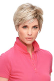 Model with fine hair is wearing her Annette  wig with a natural hairline