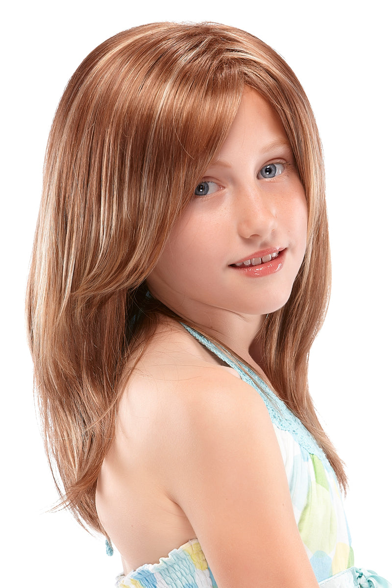 Young girl with Alopecia wearing her long layered Ashley Petite wig with a monofilament crown 