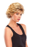 Young woman with balding wearing a short blonde synthetic Bianca wig 