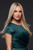 Young woman with fine hair wearing a long layered Blake wig