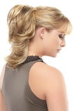 Female with fine hair wearing the blonde Breathless hairpiece from Fascinations 