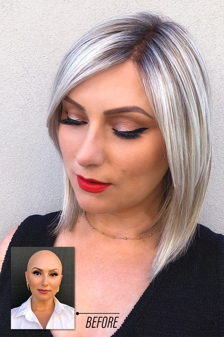 Woman with Alopecia Totalis showing the before and after of her wearing the Brooklyn wig 