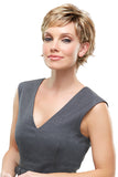 Model with fine hair wearing the short synthetic blonde Chelsea wig 
