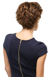 Woman wearing the short layered Chelsea wig from Fascinations South Africa 