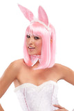 Lady dressed up for a party wearing her pink synthetic China Doll wig from Fascinations 