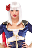 Young woman wearing a shoulder-length synthetic China Doll dress up wig 