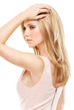 Model with balding showing her blonde long layered sleek synthetic hand tied Courtney wig 