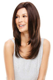 Woman with fine hair showing her long brunette Courtney wig which has a single monofilament top 