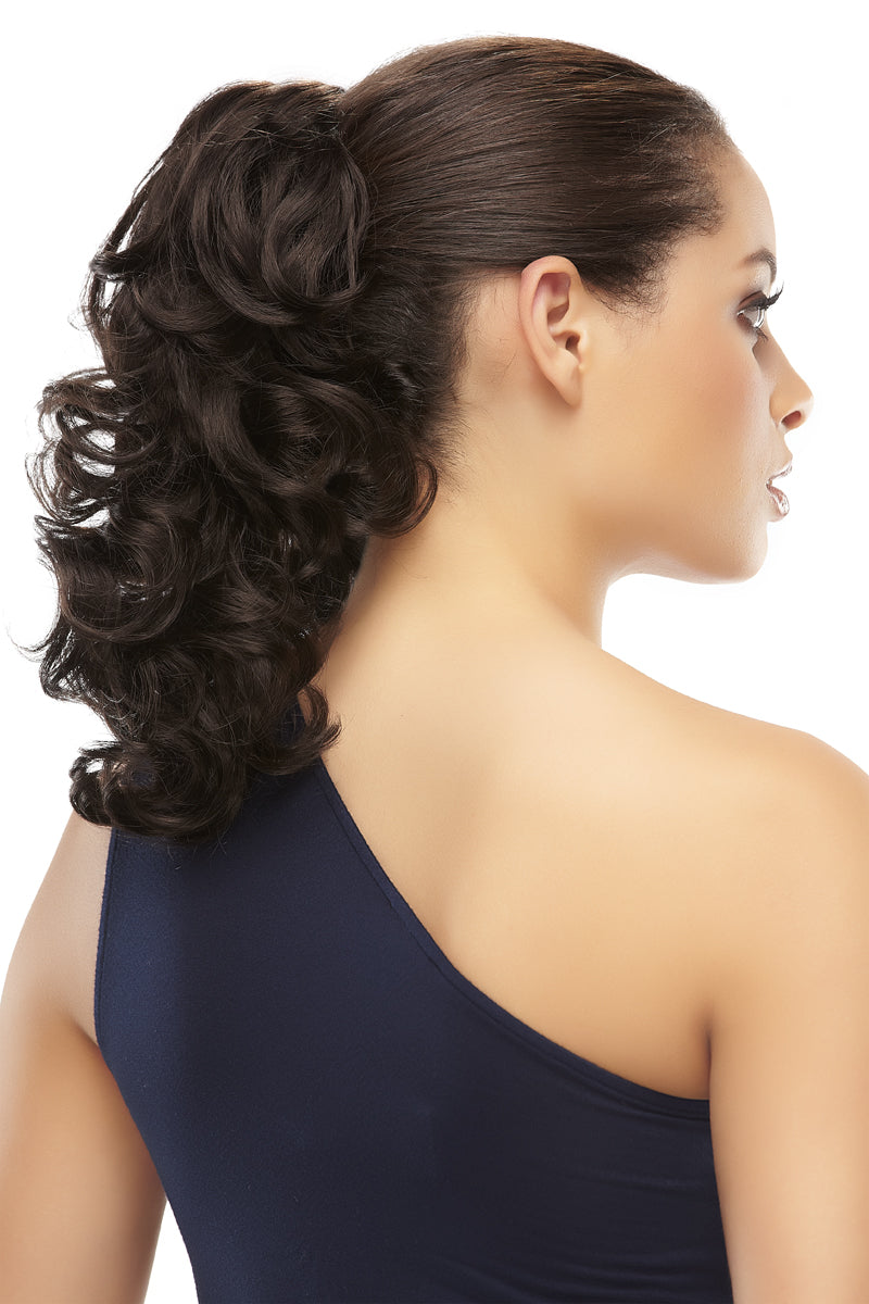 Woman wearing her long wavy dark brown synthetic Crush ponytail by Jon Renau 