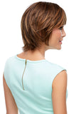 Woman with hair loss showing her brunette short style Diane wig 