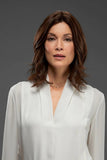 Lady with Alopecia showing her shoulder length brunette Carrie wig from Fascinations 