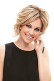 Woman with progressive stage hair loss showing her blonde bob style heat friendly synthetic Eve wig 
