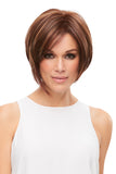 Woman with advanced stage hair loss wearing her short heat friendly Eve wig 