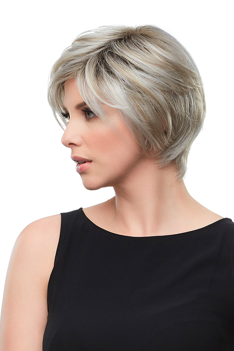 Lady with advanced hair loss wearing her Jaw-hugging bob style synthetic Gabrielle petite wig 