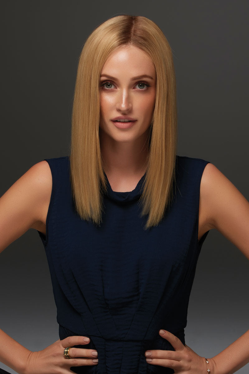 Woman with balding showing her long bob style realistic Gwyneth wig from Fascinations 