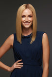 Young woman with advanced hair loss showing her sleek golden blonde Gwyneth wig by Jon Renau