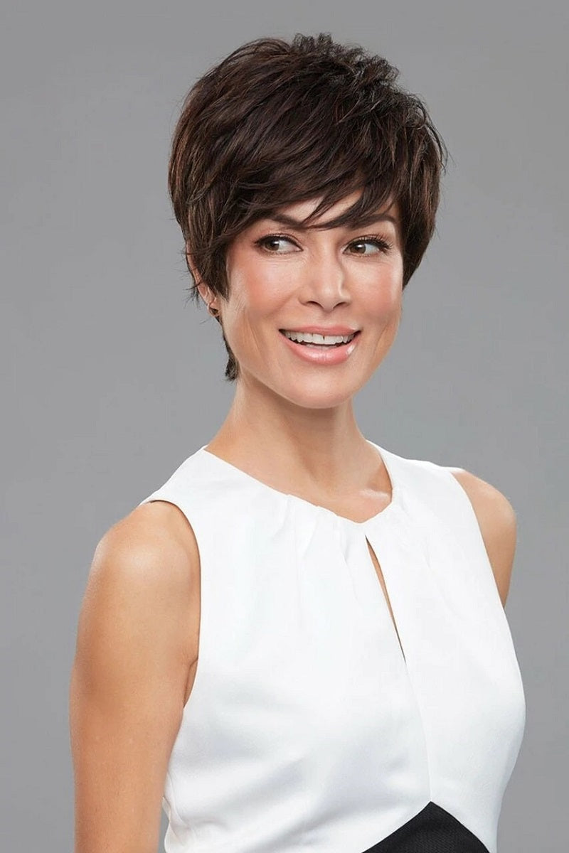 Smiling woman with Alopecia wearing the versatile short layered Halsey wig by Jon Renau 