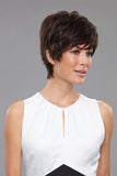 Female with progressive hair loss showing the short elegant synthetic Halsey wig from Fascinations 