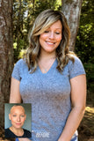 Lady with Alopecia is showing her before and after wearing the Heidi wig by Jon Renau