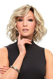 Woman with balding wearing the bob style wavy January Hand Tied wig from Fascinations 