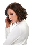 Lady with progressive hair loss showing her brunette synthetic January Petite wig from Fascinations 