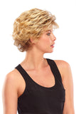 Model with fine hair covering her head with a short wavy style Bianca wig 