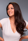 Young female with hair fall wearing the long brunette Remy human hair Blake light wig 