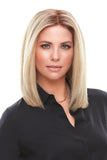 Model with fine hair wearing a shoulder length Top Smart Human hair 12 inch hair topper by Jon Renau