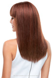 Female with hair loss showing the back of her sleek long brunette Lea wig 