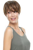 Woman with thinning hair wearing the Mariska wig with a single monofilament 