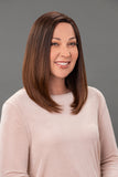 Lady with hair loss wearing the shoulder length Odette professional wig by Jon Renau