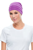 Female with progressive hair loss covering her head in a purple Playful Softie by Jon Renau 