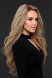 Model with thinning hair showing her long layered human hair wig in the style Kim by Jon Renau 
